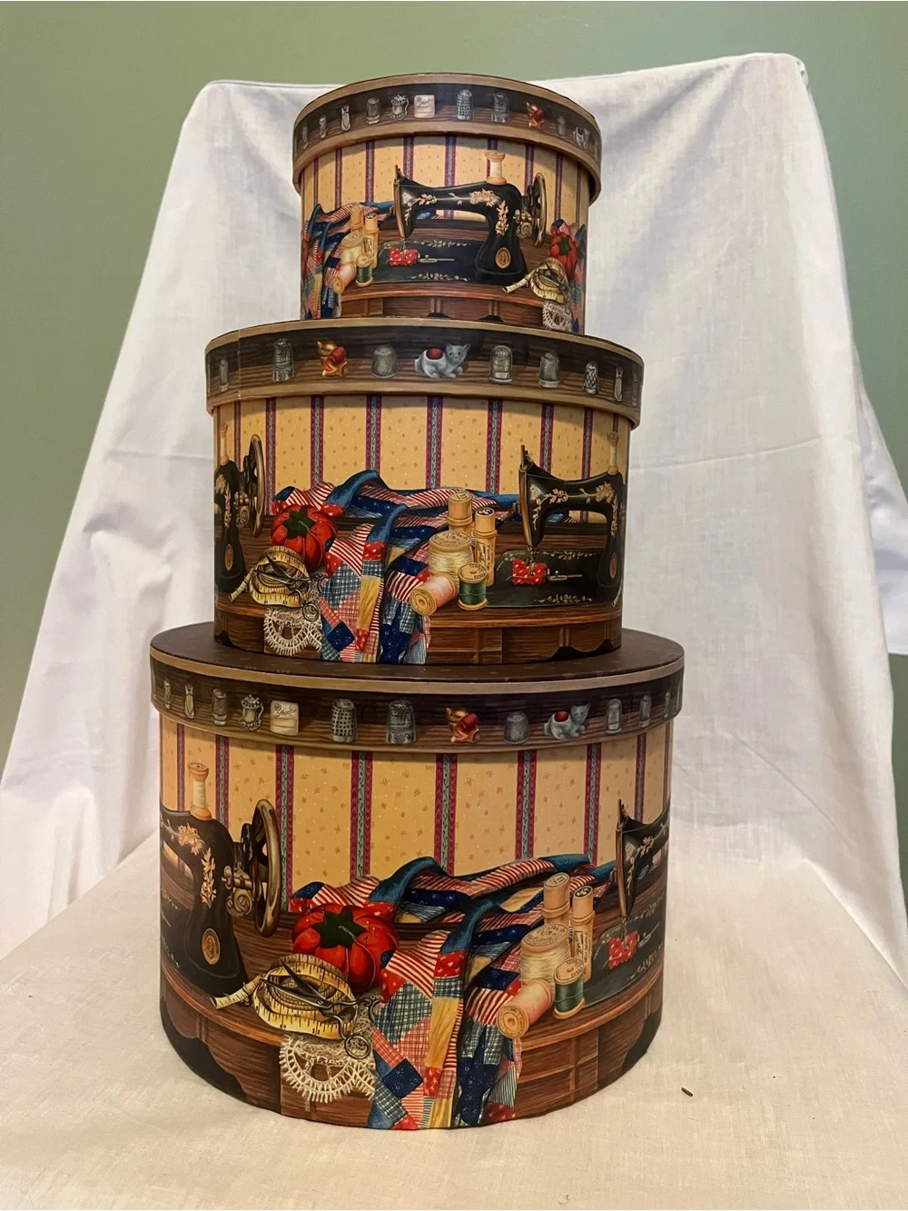 Set of 3 Decorative Sewing-Themed Storage Nested Boxes - Cream & Multicolor